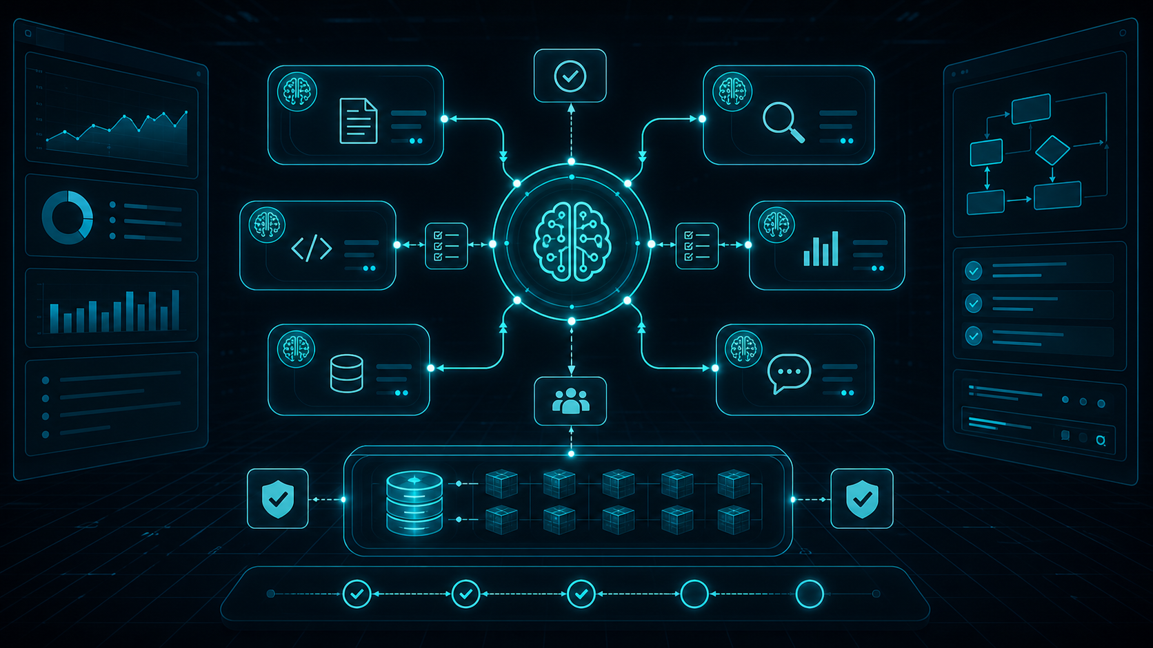 Multi-agent AI orchestration network with a central coordinator, connected specialist nodes, and review checkpoints.