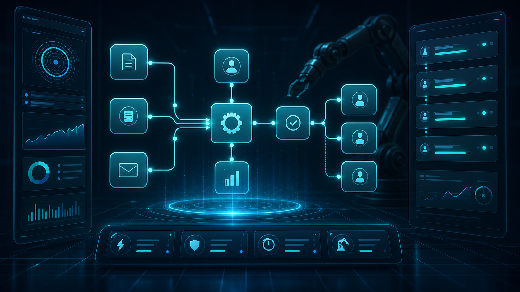 Holographic automation dashboard with connected workflow nodes and task handoff panels.