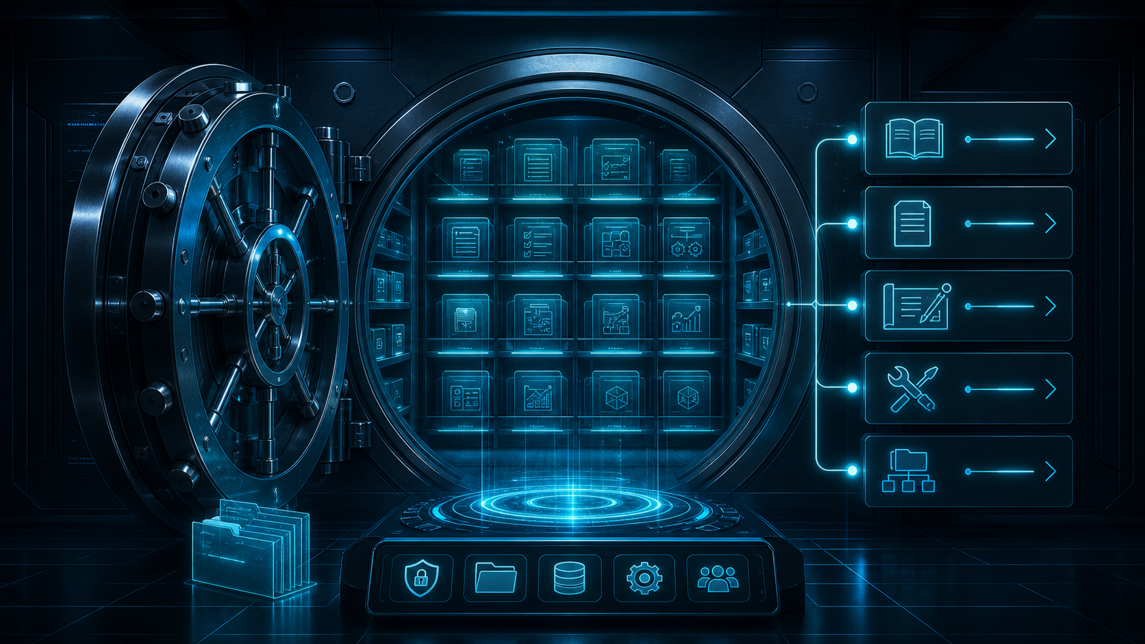 Futuristic digital builder vault with glowing archive shelves, templates, guides, and system files.