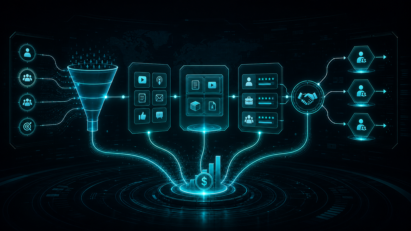 Holographic business model map with funnels, content channels, offers, and revenue flow nodes.