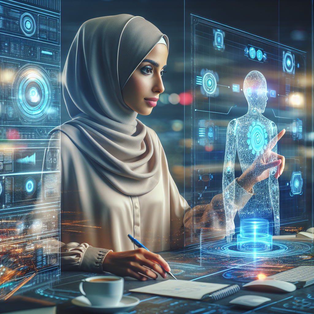 Create a cinematic, realistic, modern, and professional styled image depicting a theme of AI automation, entrepreneurship, productivity. The scene should showcase an entrepreneur interacting with a sophisticated AI system, possibly mapping out automation processes on a digital interface. The entrepreneur could be Middle-Eastern female while the AI entity can be represented as an advanced holographic projection. No visible text or logos should be displayed in the image, but the essence of systeme.io automation might be subtly incorporated into the design of the AI interface or the visionary technological environment.