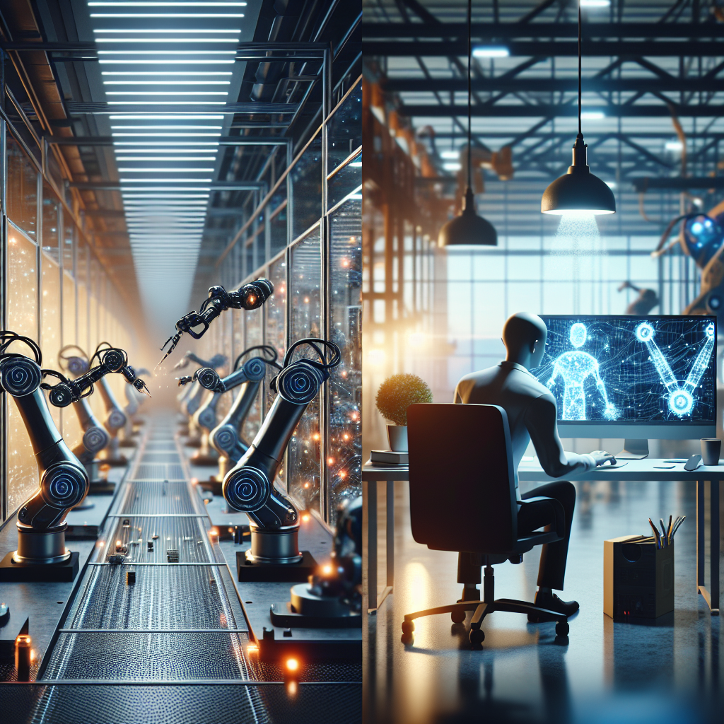 Generate two images in a cinematic, realistic, modern, and professional style. The first image should portray an AI automation scene, perhaps showcasing a room filled with robotic arms diligently working on a production line. The second image should represent entrepreneurship and productivity, possibly illustrating an industrious entrepreneur working late into the night, their office illuminated by the soft glow of a modern computer screen, symbolic of the relentless pursuit of success. Both images should adhere to the theme of systeme.io automation, although no visible logos or text should be included.