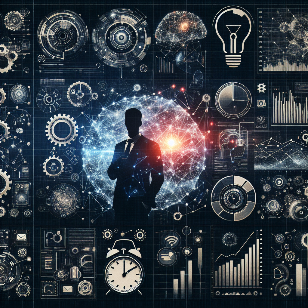 Generate two images in a cinematic and realistic style, showcasing modern and professional themes. The first image should revolve around the theme of artificial intelligence automation in the domain of entrepreneurship. Show intricate networks, running algorithms, digital interfaces and an imaginary professional entrepreneur interacting with these elements. The second image should focus on productivity facilitated by AI automation. Depict various tools, clocks, charts, graphs indicating efficiency and a silhouette of a professional who is on top of their tasks thanks to these technologies. Please remember, these images should not contain any visible text or logos.