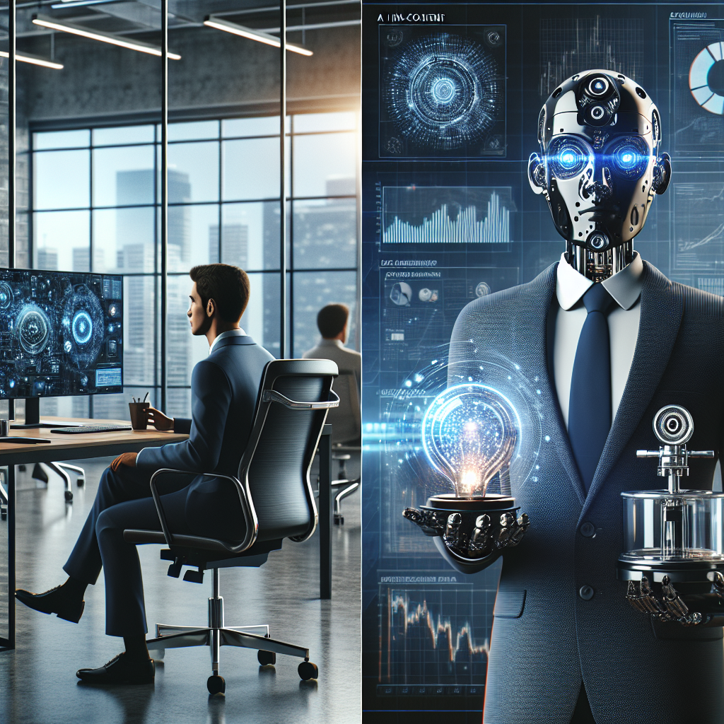 Create a cinematic, realistic, modern, and professional styled image in two parts. The first in-content image visualizes AI automation in an entrepreneurial setting, perhaps showcasing a sophisticated machine working in a modern office environment, enhancing business productivity. The second featured image should carry the same theme but offer a different depiction, maybe showing a tangible product of AI automation, possibly a detailed analysis report on a digital screen, symbolizing entrepreneurship and productivity. Both images should be devoid of any visible text or logos.