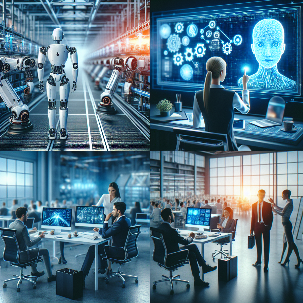 Create two images in a cinematic, realistic, modern, and professional style. The first image should depict a scene related to AI automation. It could feature AI robots working efficiently in a high-tech factory or an AI virtual assistant helping with tasks on a futuristic computer screen. The second image should represent entrepreneurship and productivity. It might show a diverse group of individuals brainstorming a strategy in a sleek, modern office or someone using a state-of-the-art device to manage tasks. Both images should be devoid of any visible text or logos.