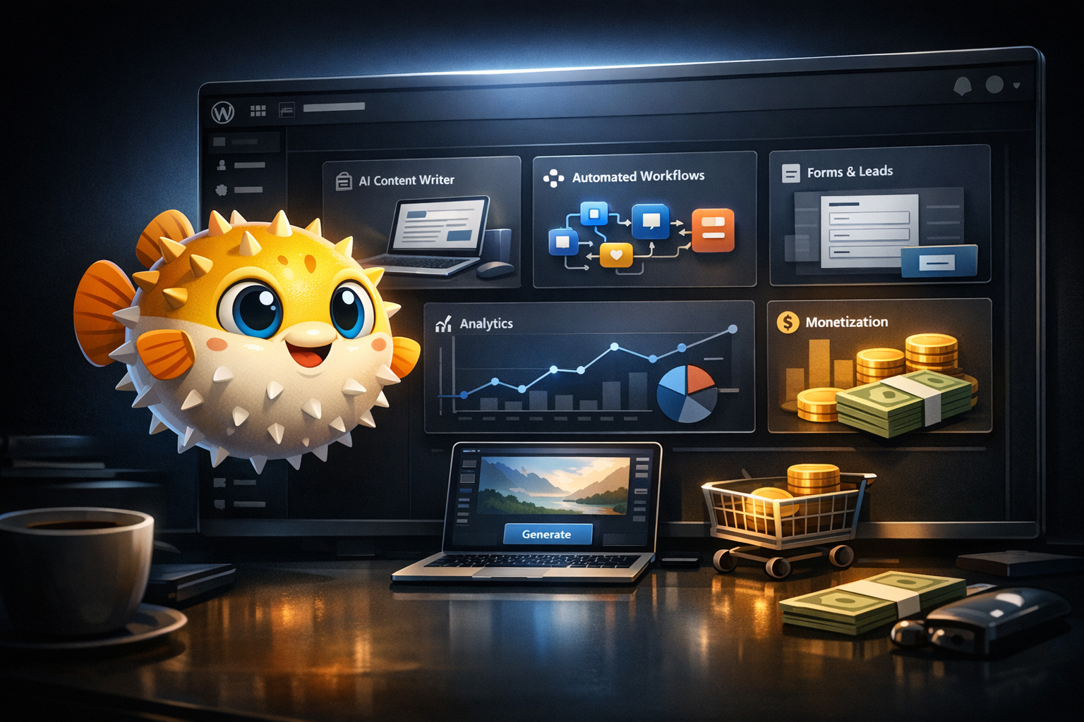 AI Puffer WordPress plugin hero image with a puffer fish mascot and dashboard automation