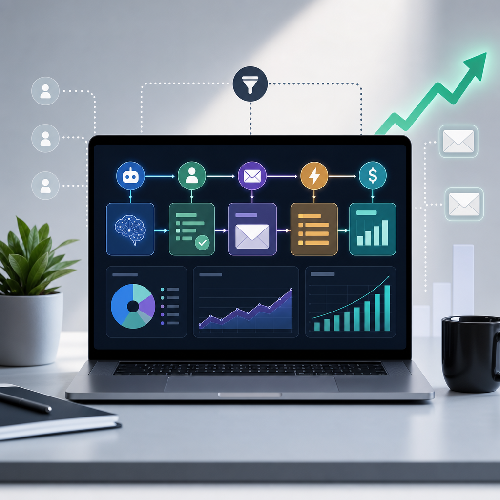 AI tools for revenue generation dashboard showing automation workflows, lead triggers, and revenue growth.