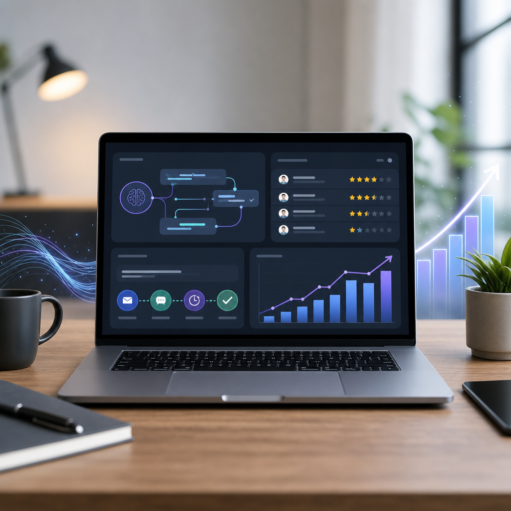 AI tools for revenue generation dashboard showing automation workflows, lead triggers, and revenue growth.