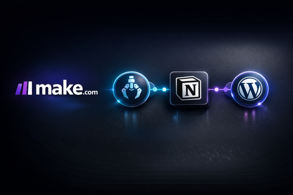 Make.com logo on the left with an automation flow connecting OpenClaw, Notion, and WordPress on a dark professional background