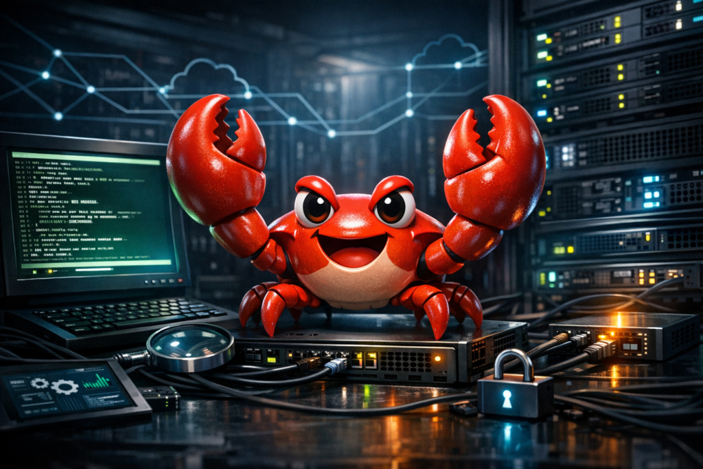 OpenClaw Linux VPS setup with a red crab mascot, secure automation, and a glowing terminal