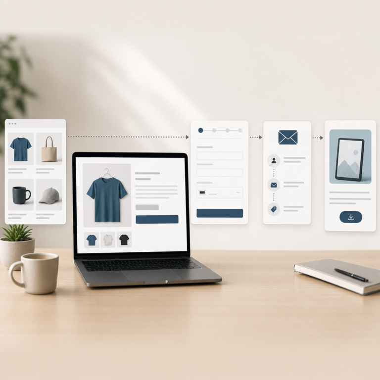 Systeme.io online store setup showing product page, checkout flow, and email automation.