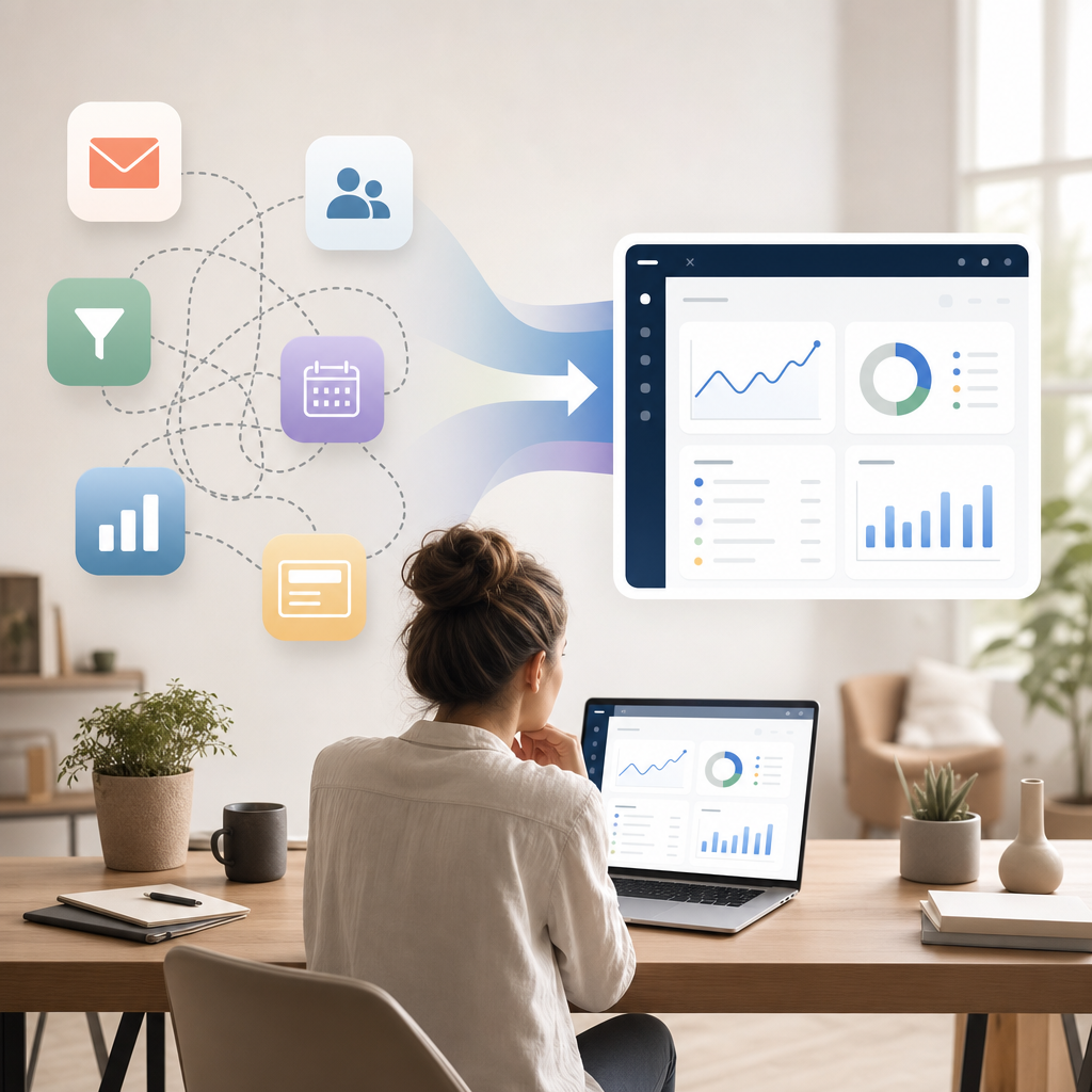 Systeme.io solopreneur workflow showing multiple tools being replaced by one all-in-one dashboard.